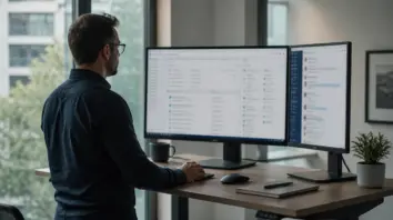Stehpult mit unscharfem CRM-Monitor und zweitem Chat-Bildschirm