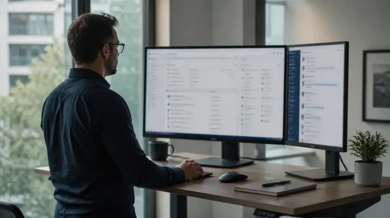 Stehpult mit unscharfem CRM-Monitor und zweitem Chat-Bildschirm