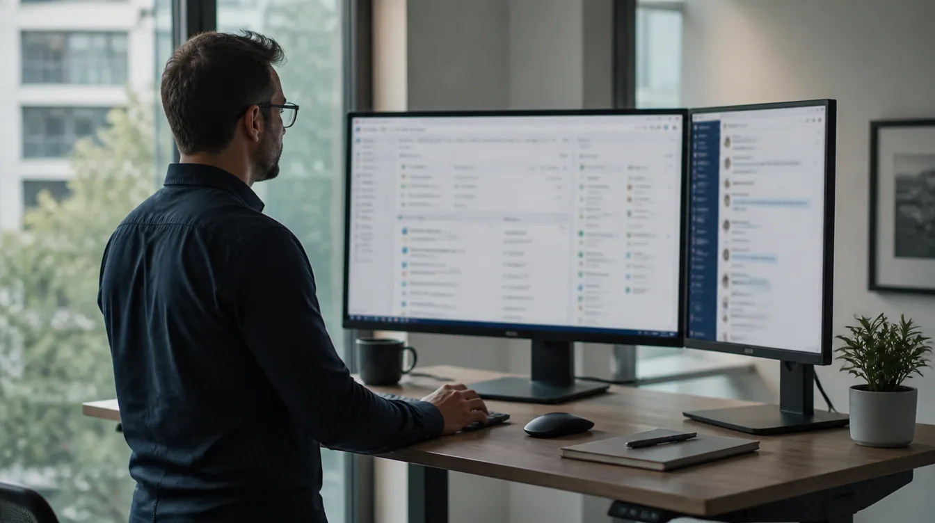 Stehpult mit unscharfem CRM-Monitor und zweitem Chat-Bildschirm