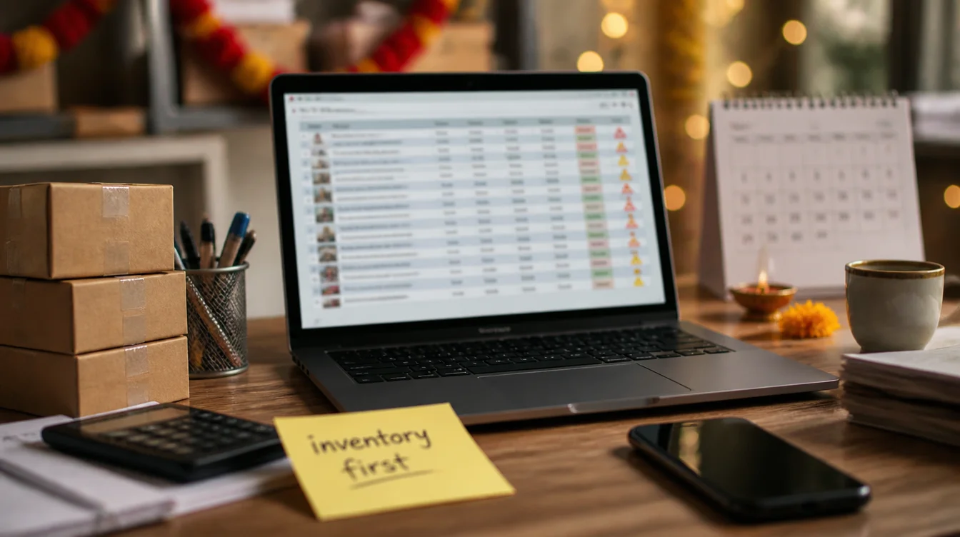 Schreibtisch mit unscharfem Inventar-Dashboard und Notizzettel