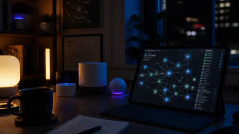 Schreibtisch mit Smart-Home-Hub und unscharfer Netzwerk-Karte