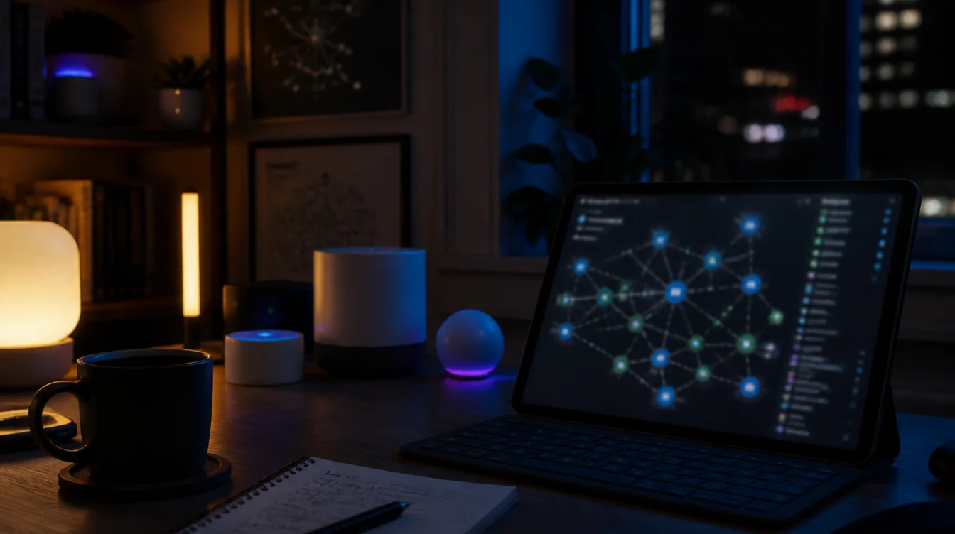 Schreibtisch mit Smart-Home-Hub und unscharfer Netzwerk-Karte