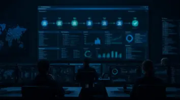 Dunkler Betriebsraum mit unlesbarem Identity-Dashboard