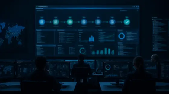 Dunkler Betriebsraum mit unlesbarem Identity-Dashboard
