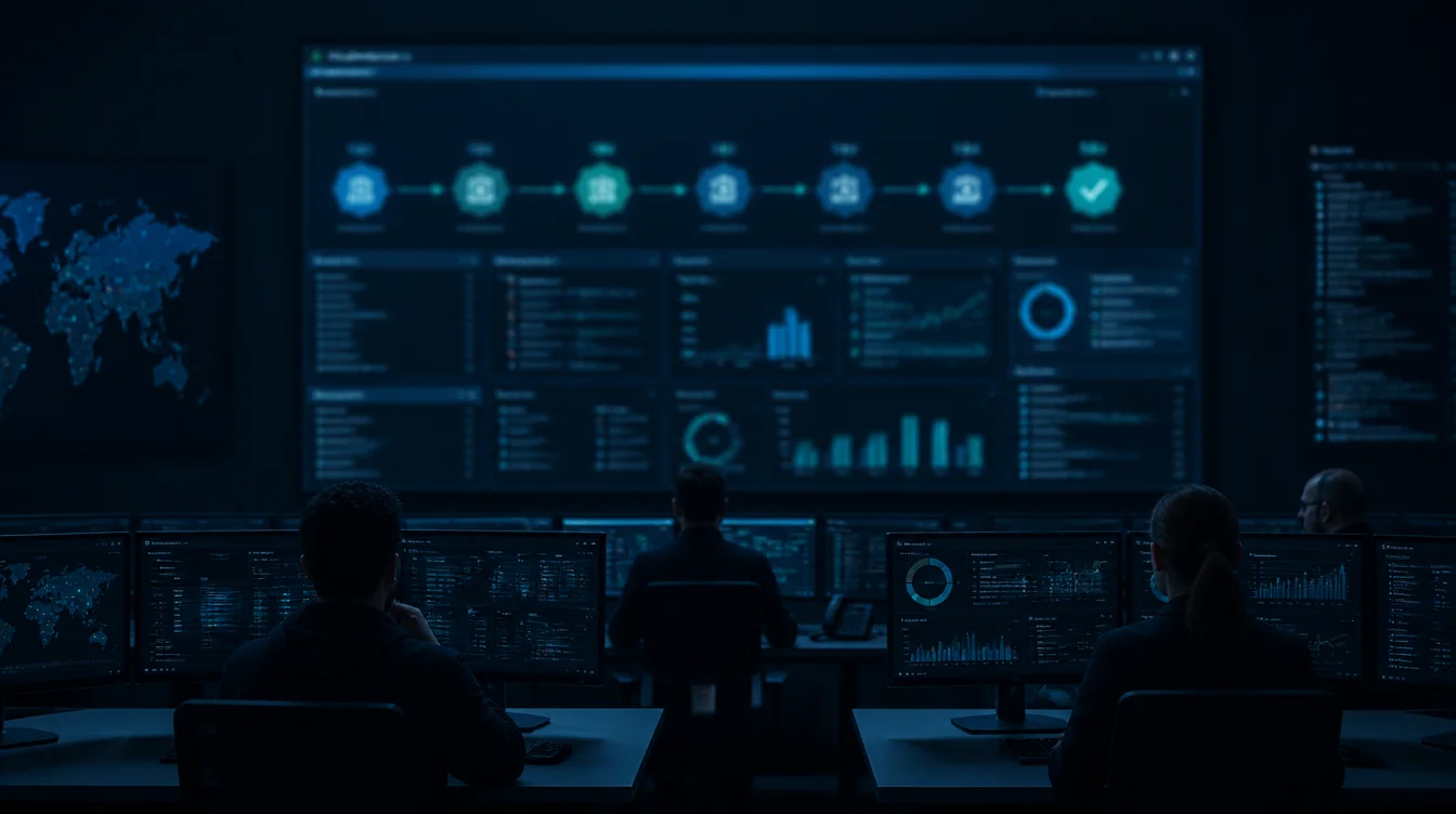 Dunkler Betriebsraum mit unlesbarem Identity-Dashboard