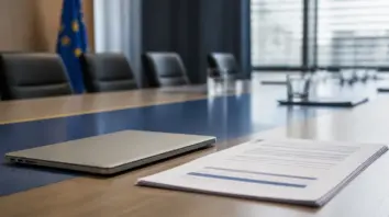 Konferenztisch mit Laptop und unlesbaren Agenda-Seiten