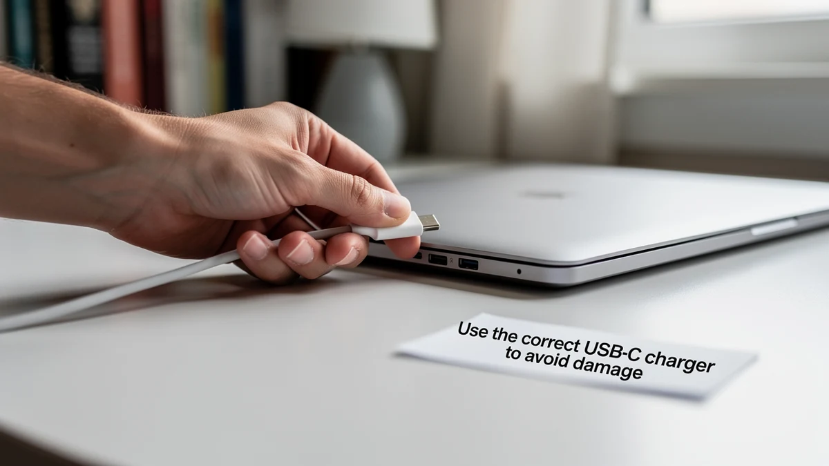 Eine Person schließt ein USB-C-Ladekabel an ein schlankes Notebook an.