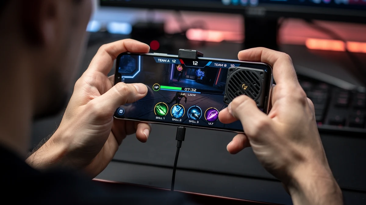 Eine Person spielt auf einem Smartphone, während Ladekabel und Kühlung sichtbar sind.