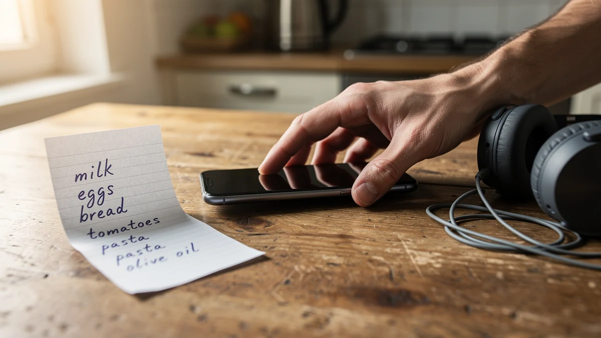 Ein Smartphone liegt neben einer Einkaufsliste auf einem Küchentisch.