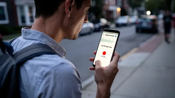 Eine Person spricht unterwegs eine Erinnerung in ihr Smartphone.