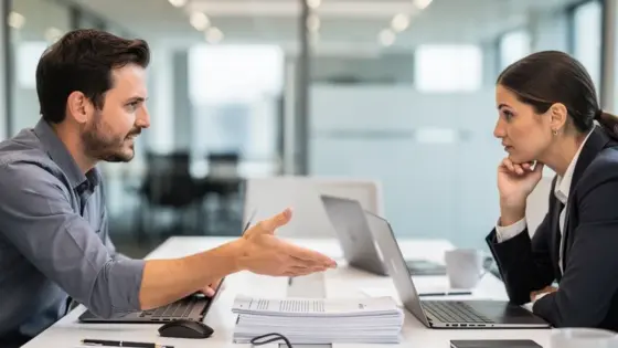 Zwei Verantwortliche besprechen im Büro einen Software-Rollout.