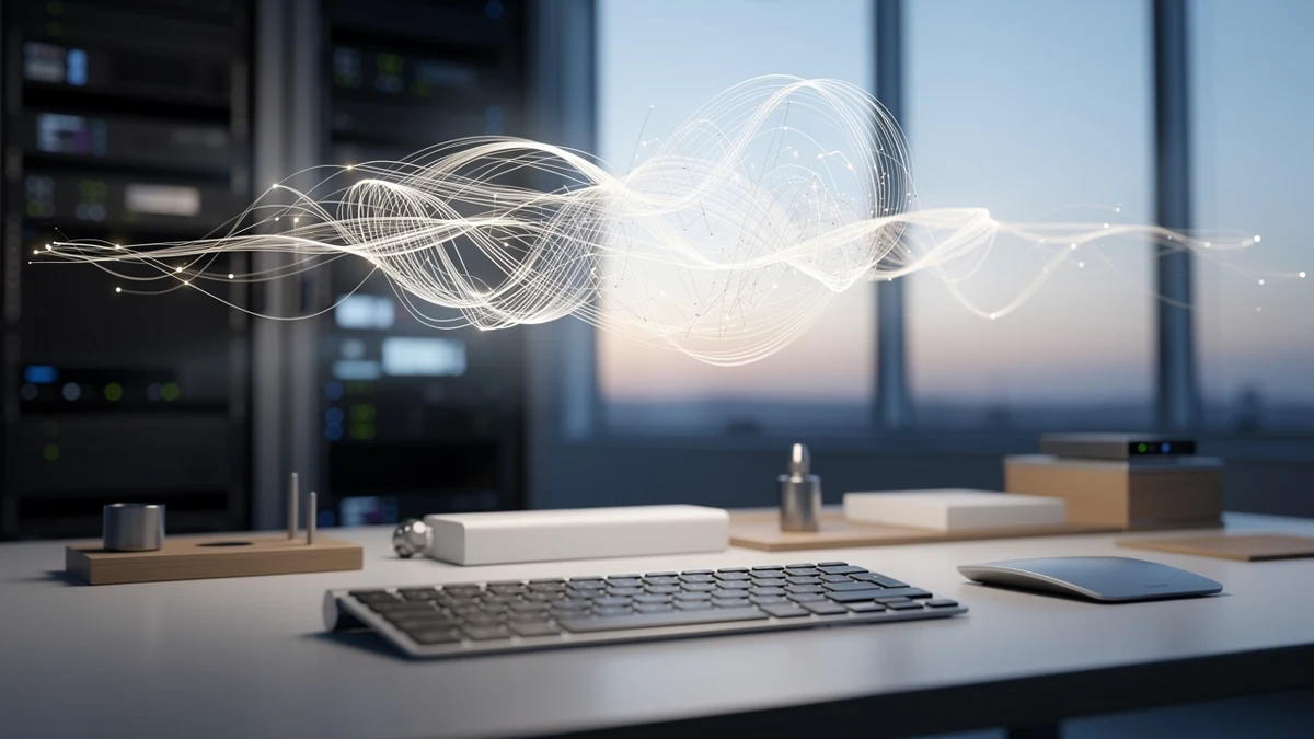 Abstrakte Lichtstruktur über einem Arbeitsplatz als Symbol für GPT-6 Astra und agentische KI