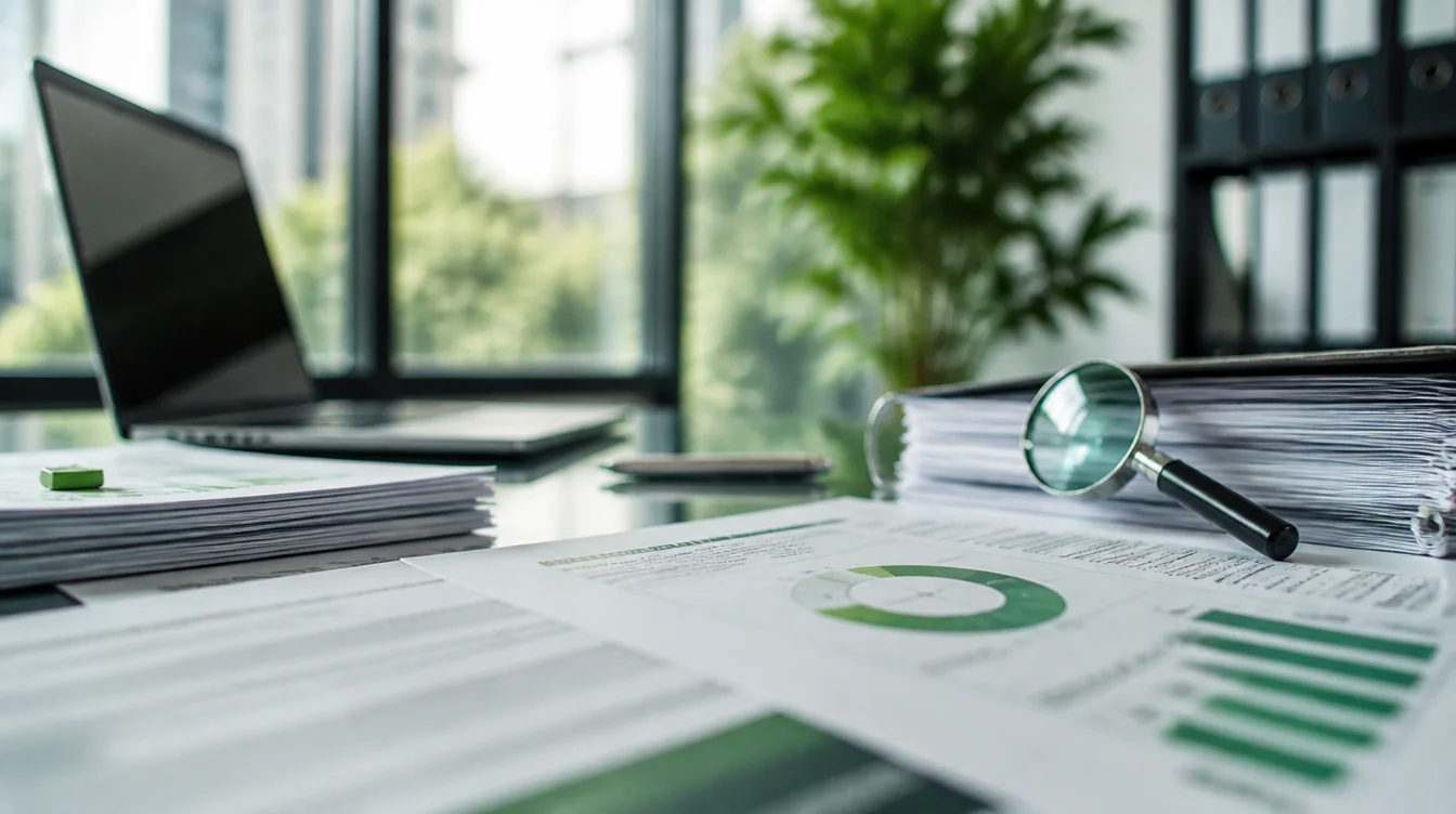 Greenwashing-Prüfung: Nachhaltigkeitsberichte auf dem Schreibtisch eines Marketing-Teams