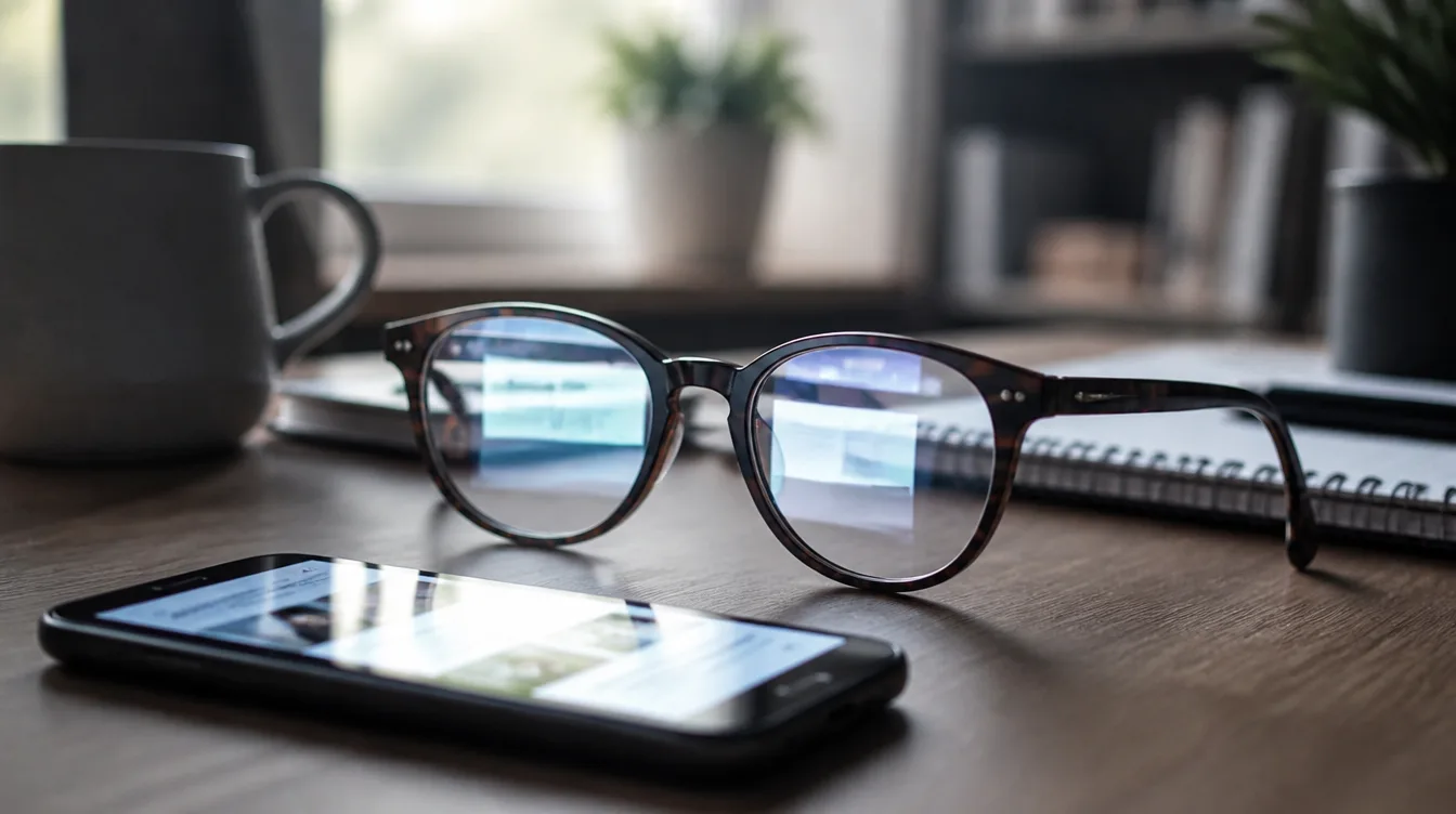 Smartphone-Glow auf Lesebrille am Schreibtisch