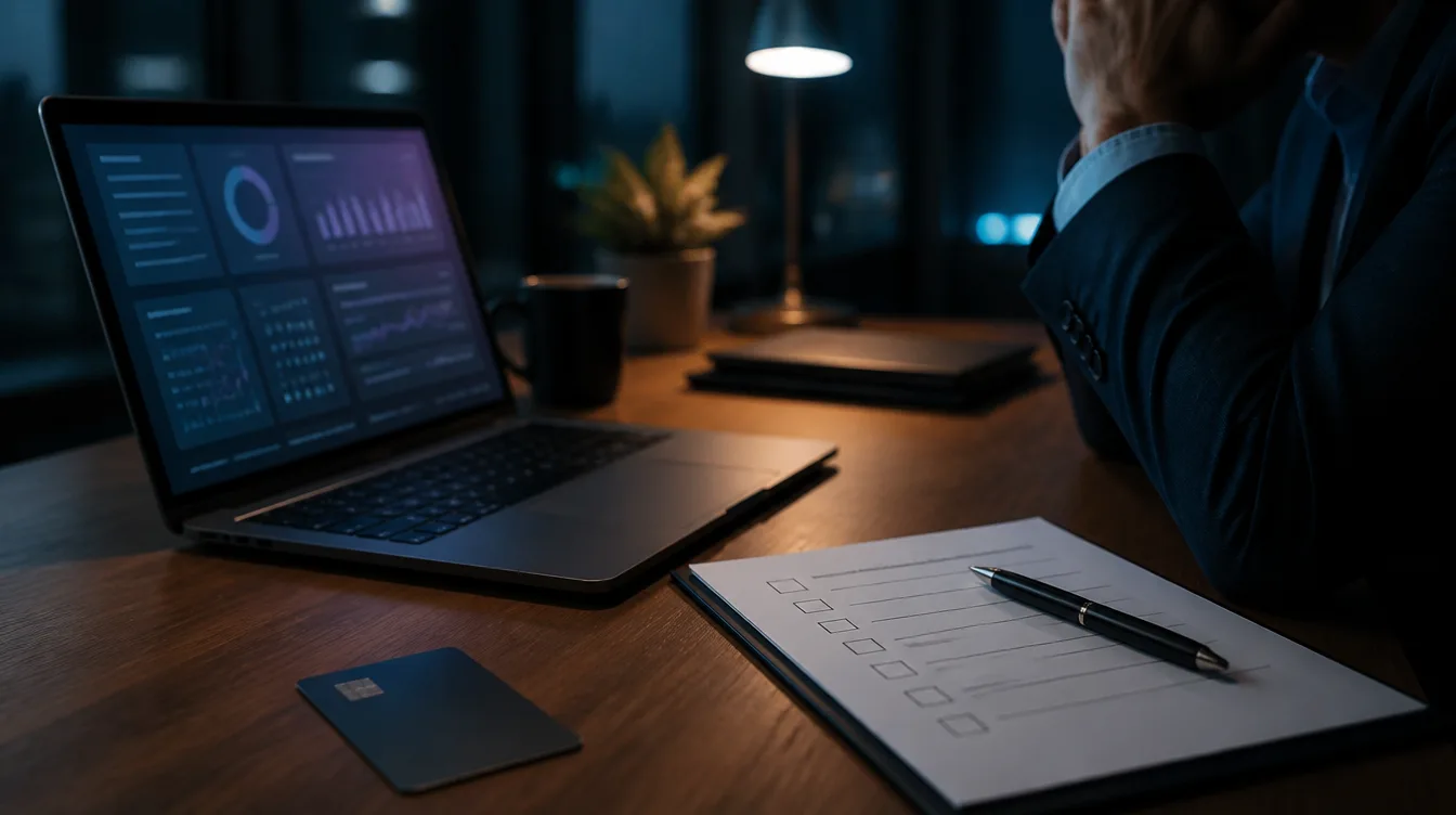 Laptop mit Dashboard-Glow und Checkliste