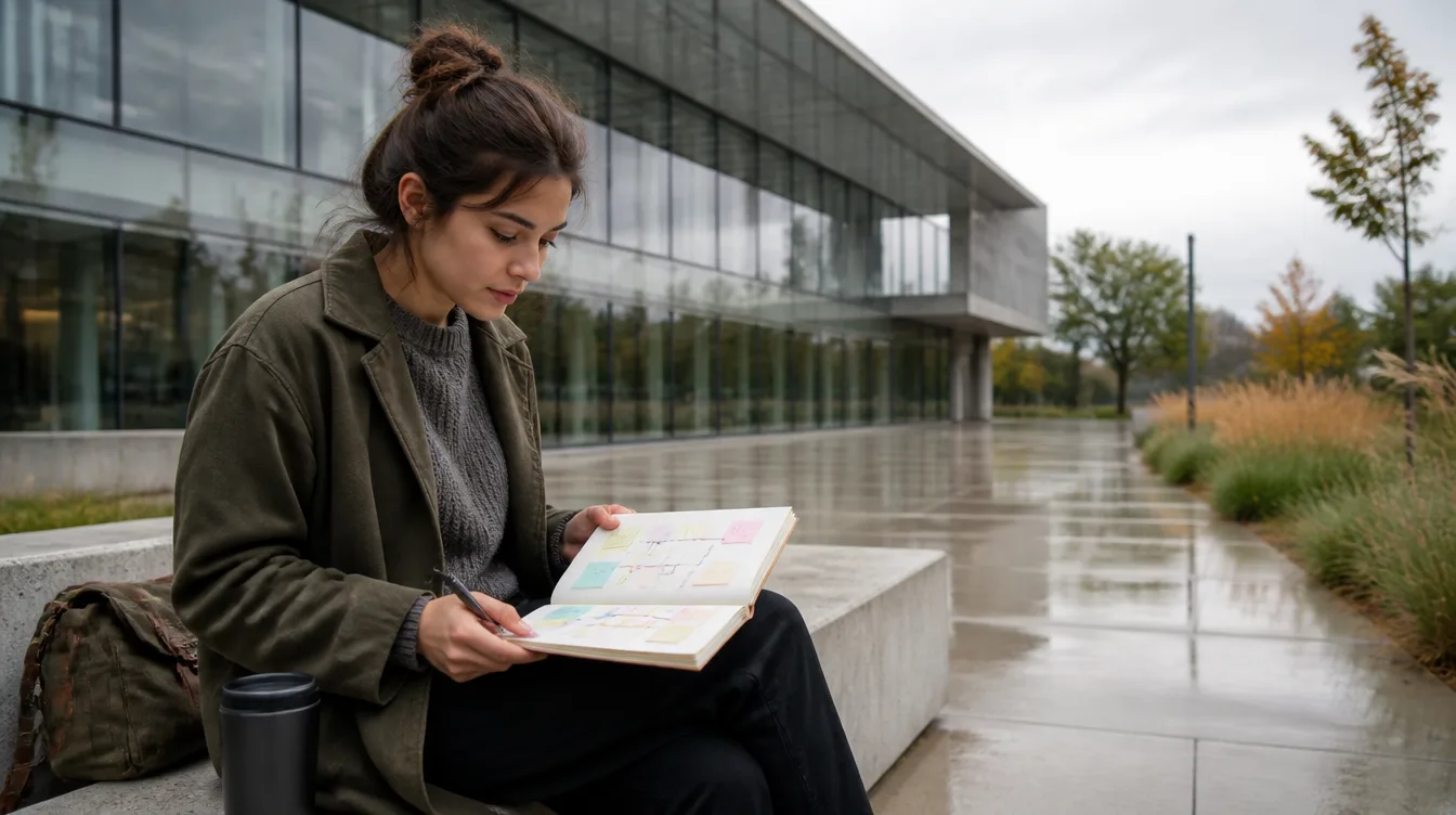 Person mit Notizen vor Glasgebäude