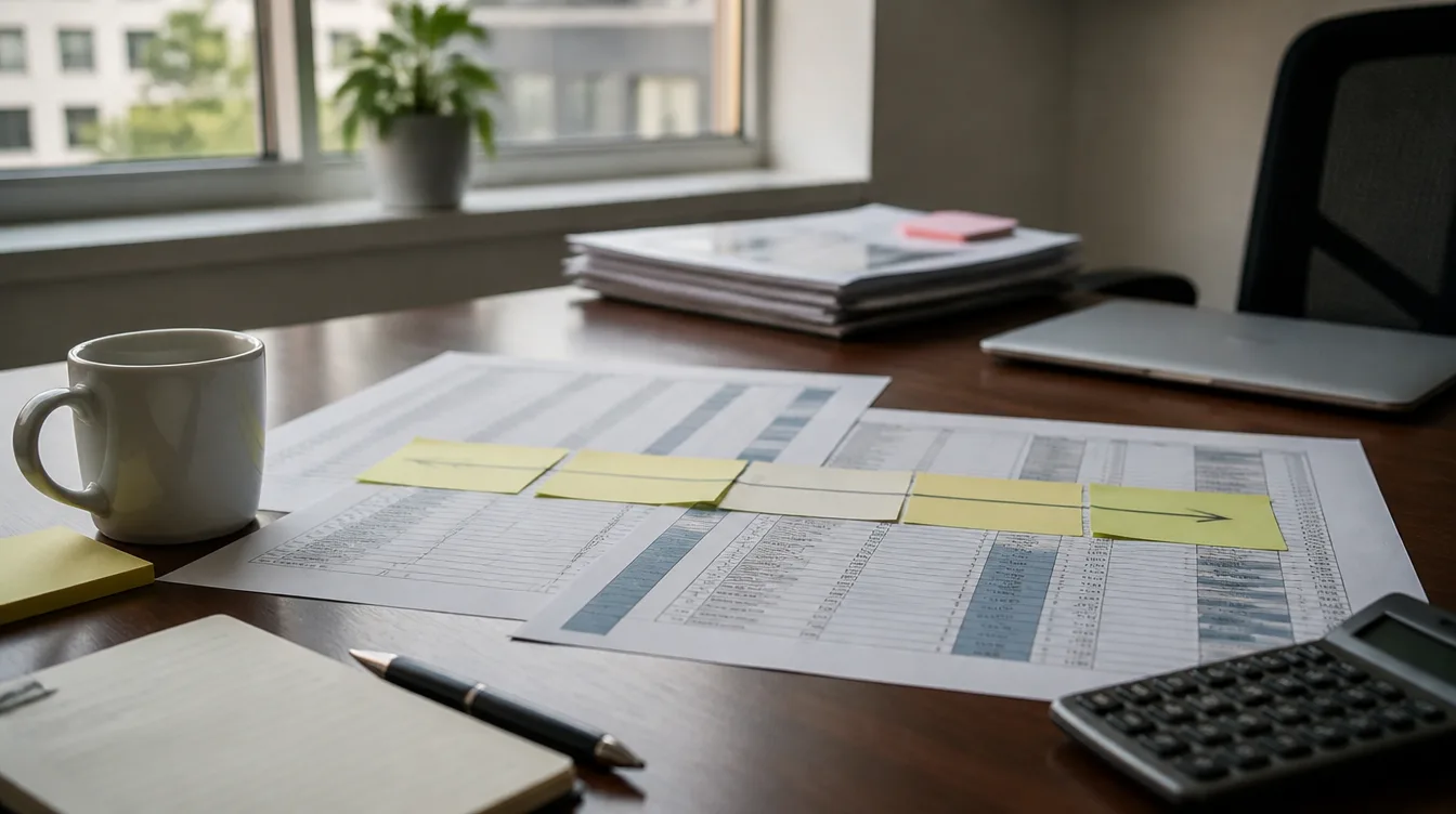 Schreibtisch mit Spreadsheet und Timeline-Notizen