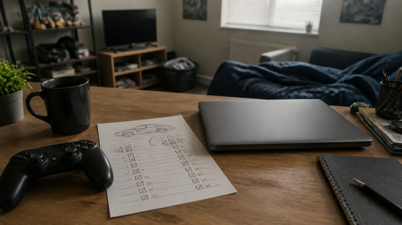 Schreibtisch mit Gamepad und Checkliste