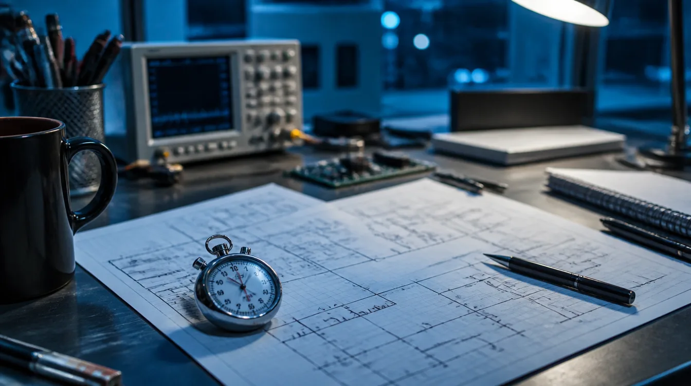 IBM Quantum: Labortisch mit Skizzen und Stoppuhr