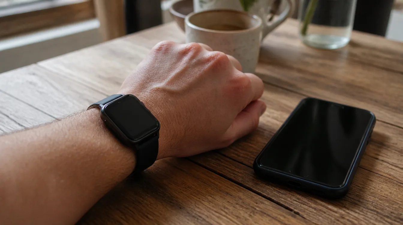 Pixel: Smartwatch und Smartphone auf dem Küchentisch
