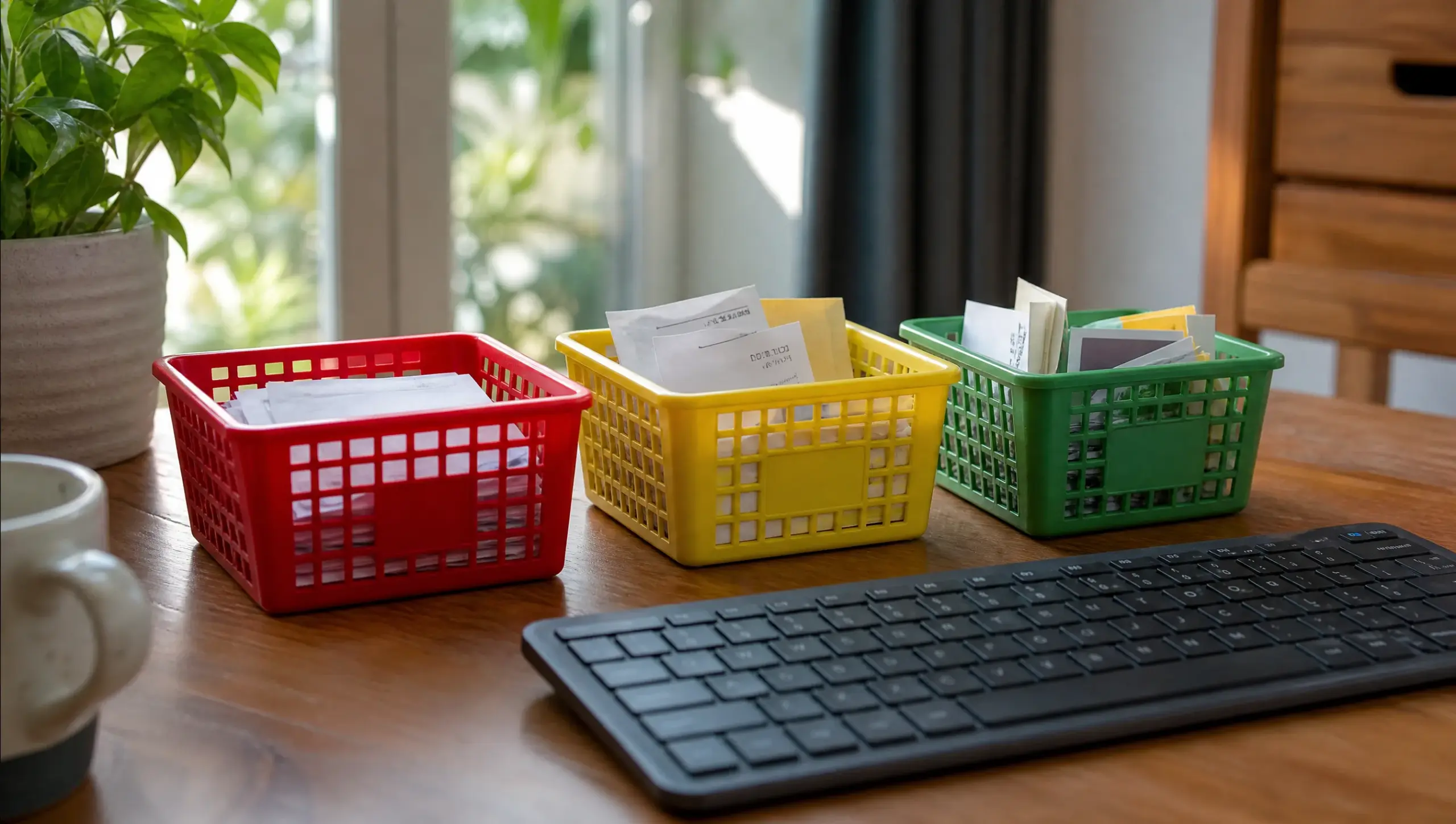 Drei farbige Körbe Datenklassen neben Tastatur