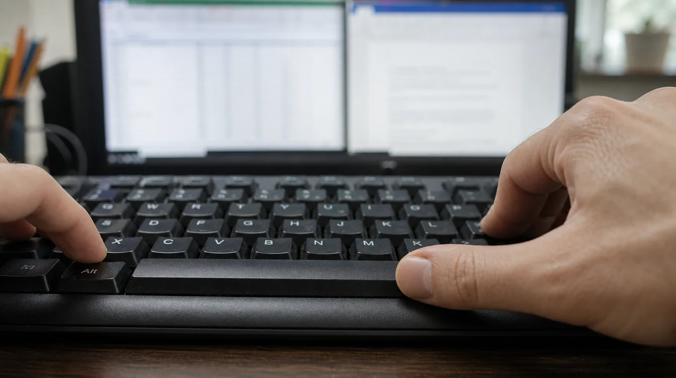Hände tippen Alt und Leertaste auf Windows-Tastatur