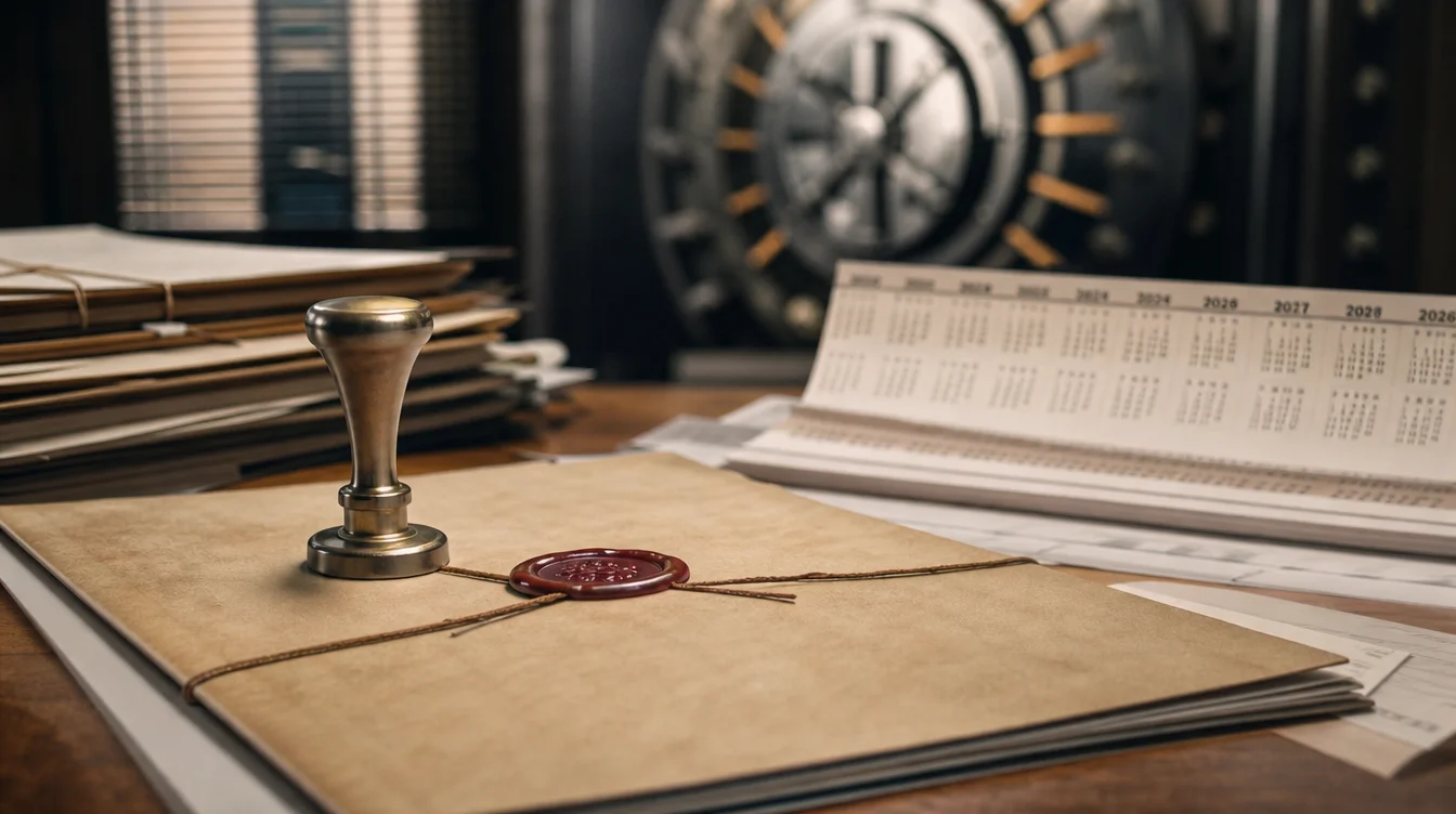 Tresor, Signaturstempel und Kalender auf Bankschreibtisch