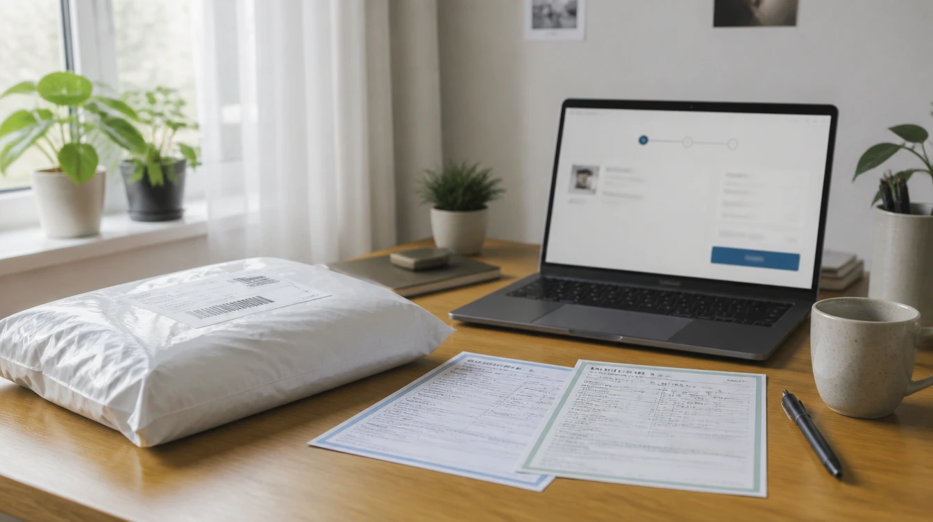 Versandpaket und Laptop mit Checkout-Oberfläche auf dem Schreibtisch