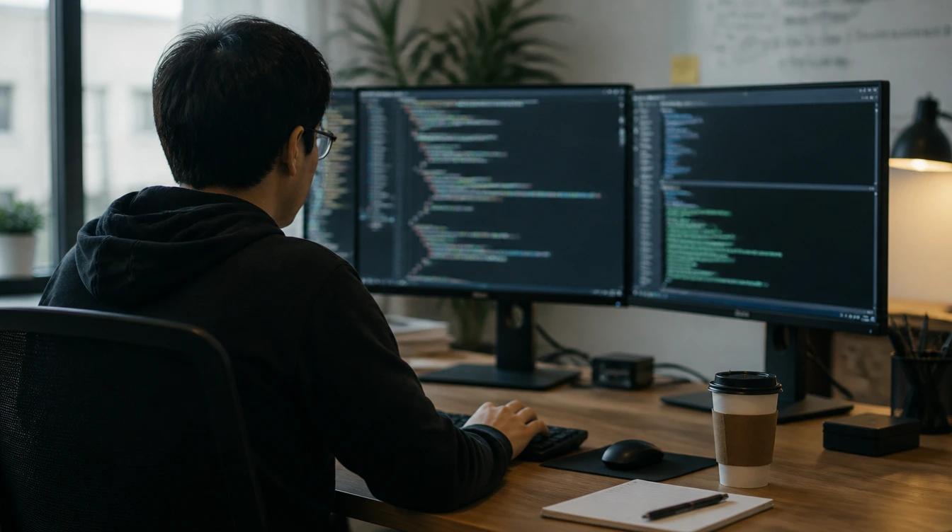 Dual-Monitor-Arbeitsplatz mit Terminal und Code-Editor ohne lesbaren Text