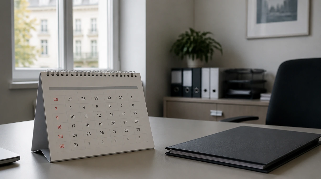 Kalender mit Oktober-Markierung und Dokumentenmappe auf dem Schreibtisch