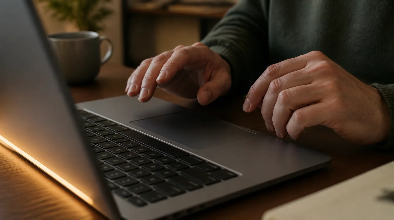 Hände über Trackpad und Tastatur eines Laptops