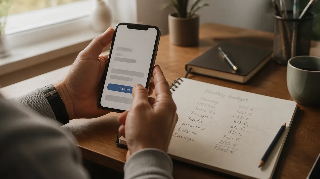 Hände mit Smartphone über Haushaltsbuch mit Euro-Notizen