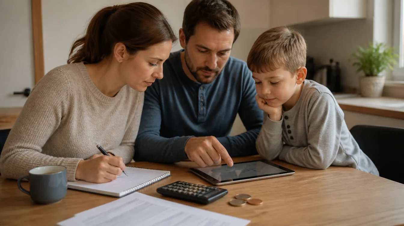 Familientisch mit Tablet, Taschenrechner und Euro-Münzen