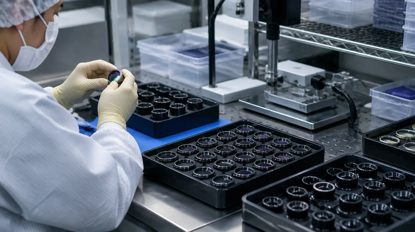 Reinraum-ähnlicher Fertigungstisch mit Optik-Komponenten