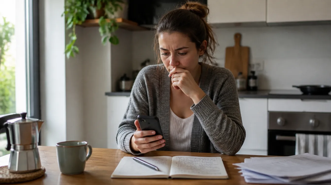 Person vergleicht Smartphone und Notizen auf dem Küchentisch