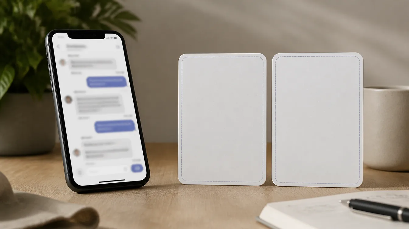 Smartphone mit unlesbarem Chat und zwei App-Karten auf dem Tisch