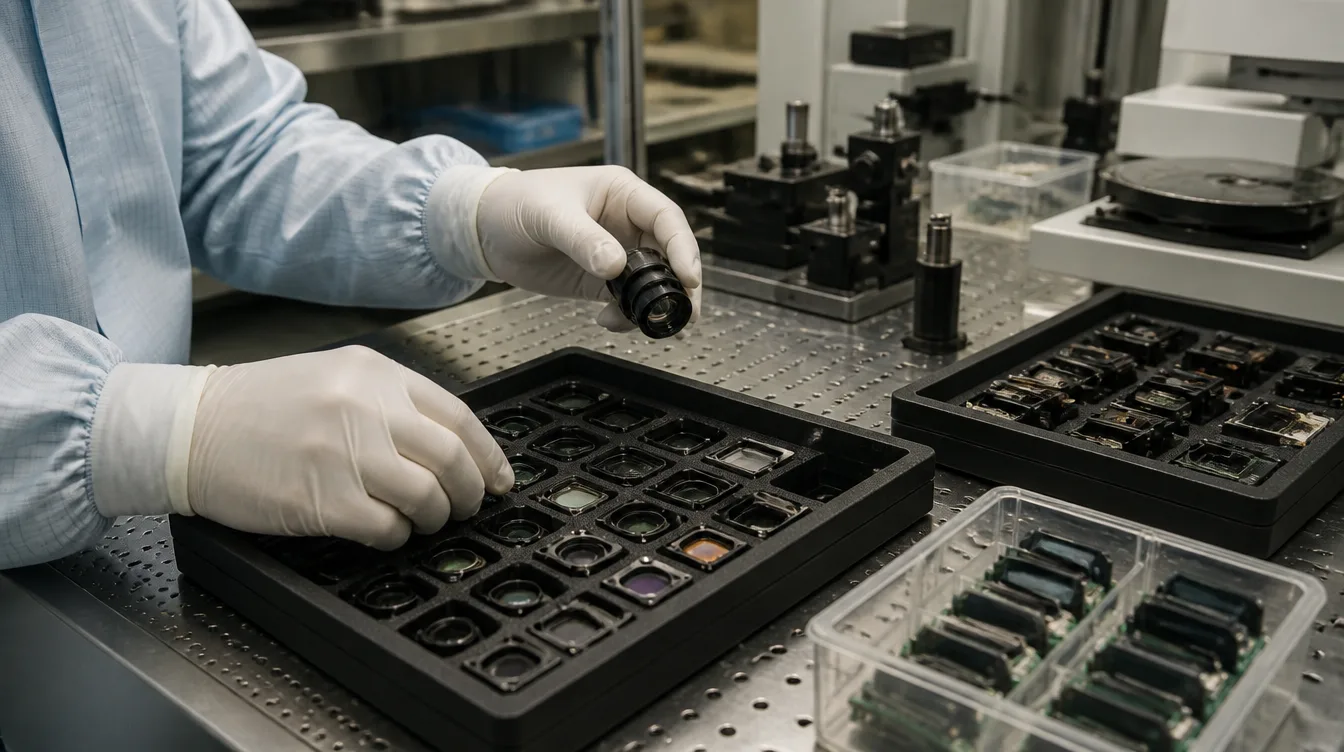 Reinraum-ähnlicher Fertigungstisch mit Optik-Komponenten in Trays