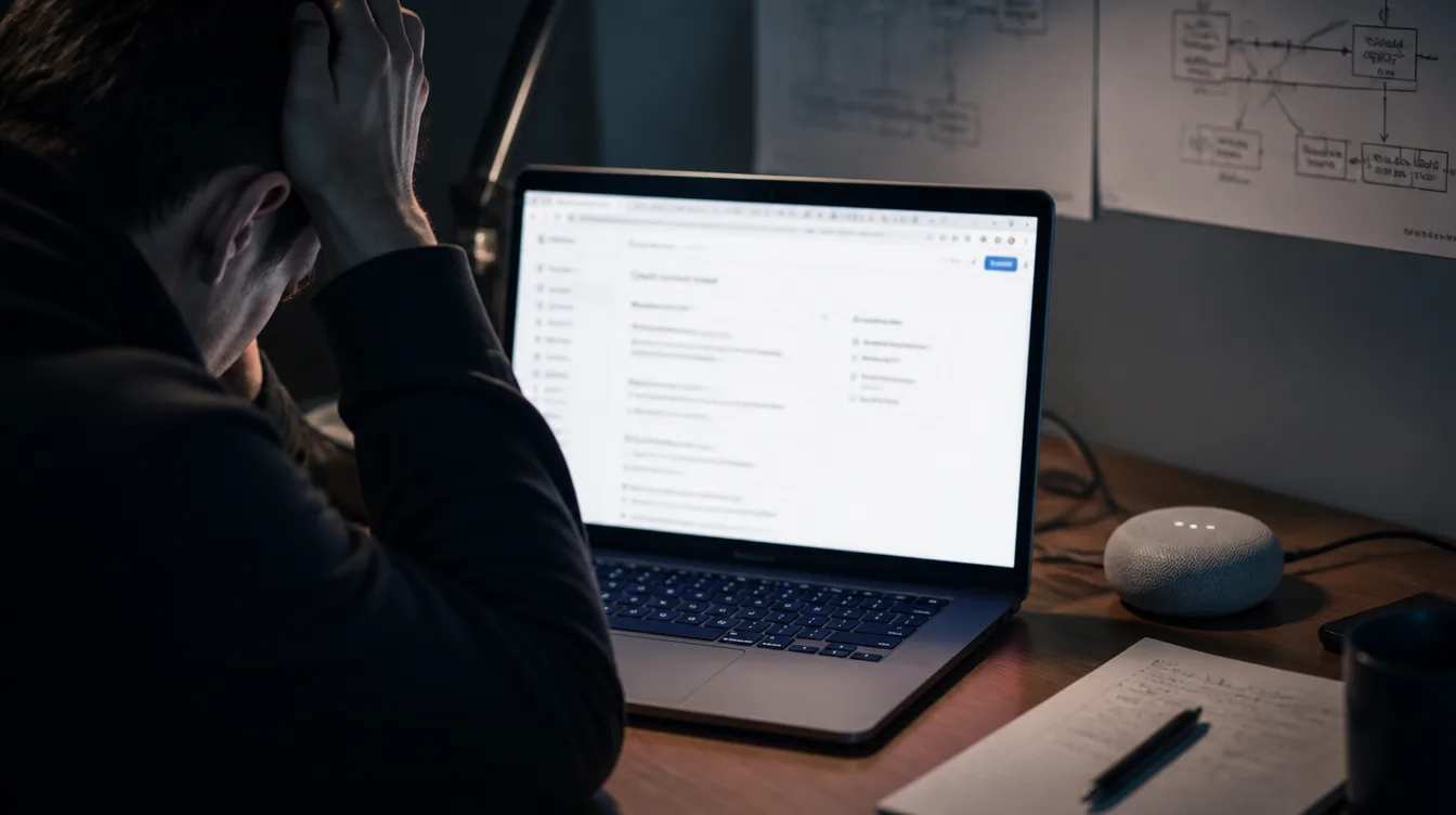 Laptop mit unlesbarem Developer-Console-Fenster neben Smart-Speaker