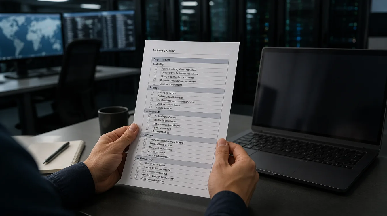 Hände mit Checkliste und Laptop in einem ruhigen NOC-Licht