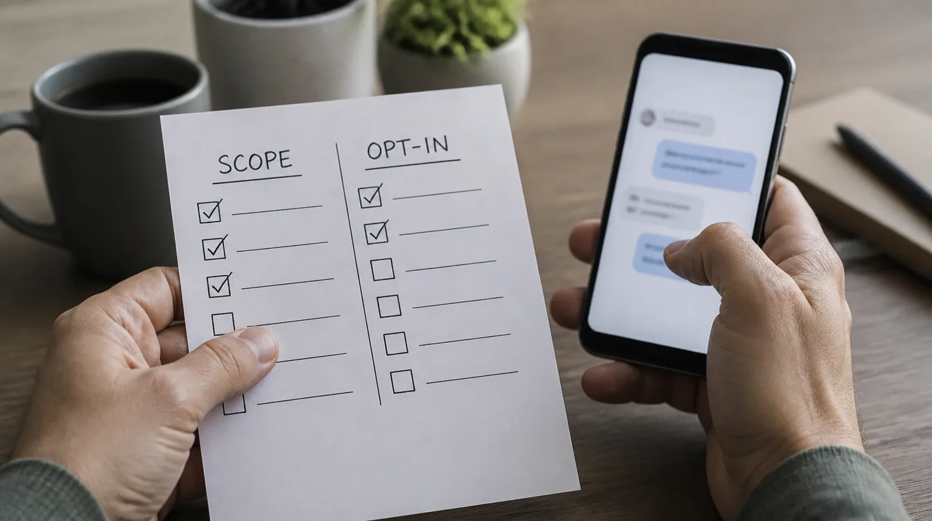 Hände prüfen Checkliste SCOPE und OPT-IN neben Smartphone mit Chat-Bubbles