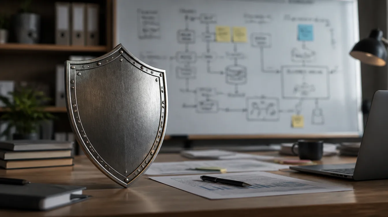 Schild und Workflow-Diagramm unlesbar auf dem Schreibtisch