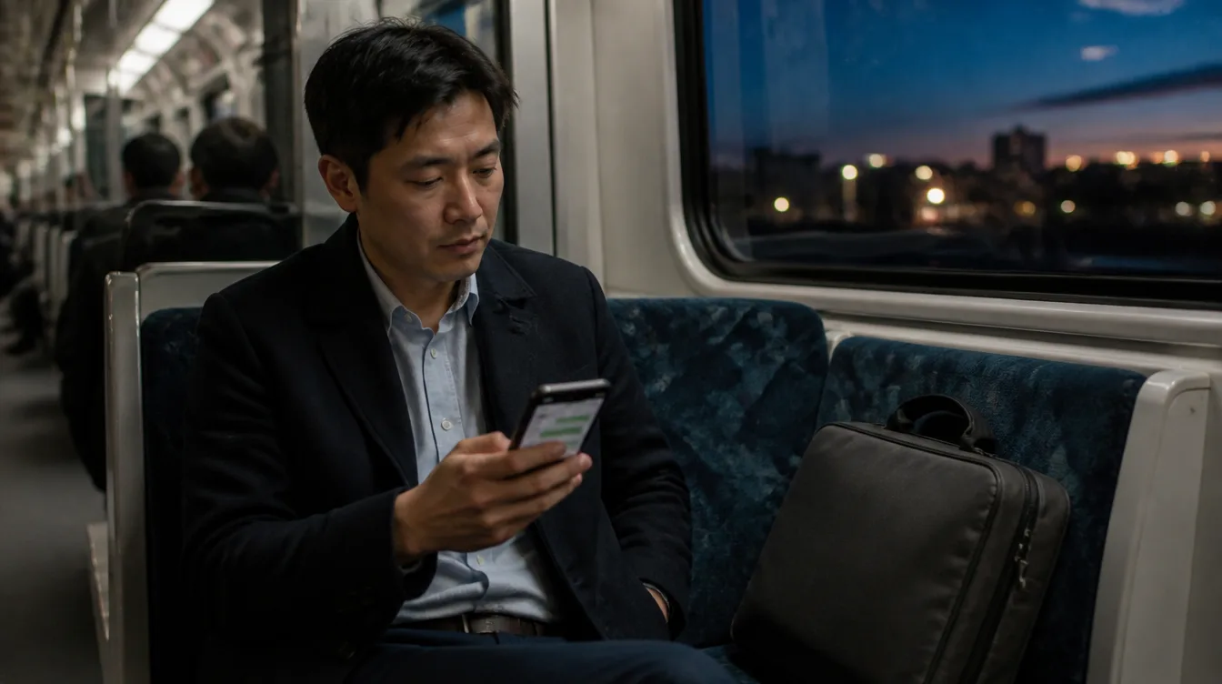 Person in der Bahn mit Telefon in der Hand, Laptoptasche geschlossen