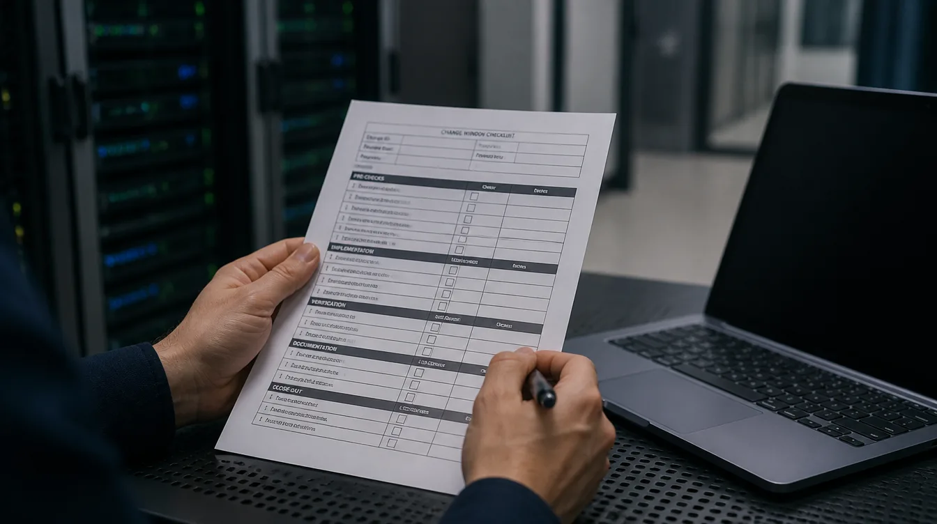 Hände mit Checkliste neben einem Laptop im ruhigen Serverraum