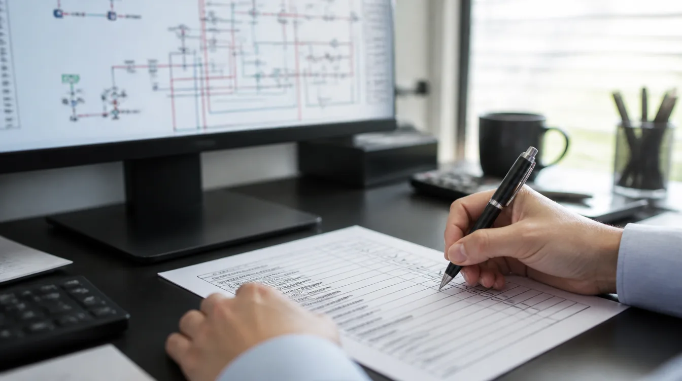Hände an einer Checkliste neben einem Monitor mit unscharfem Netzdiagramm