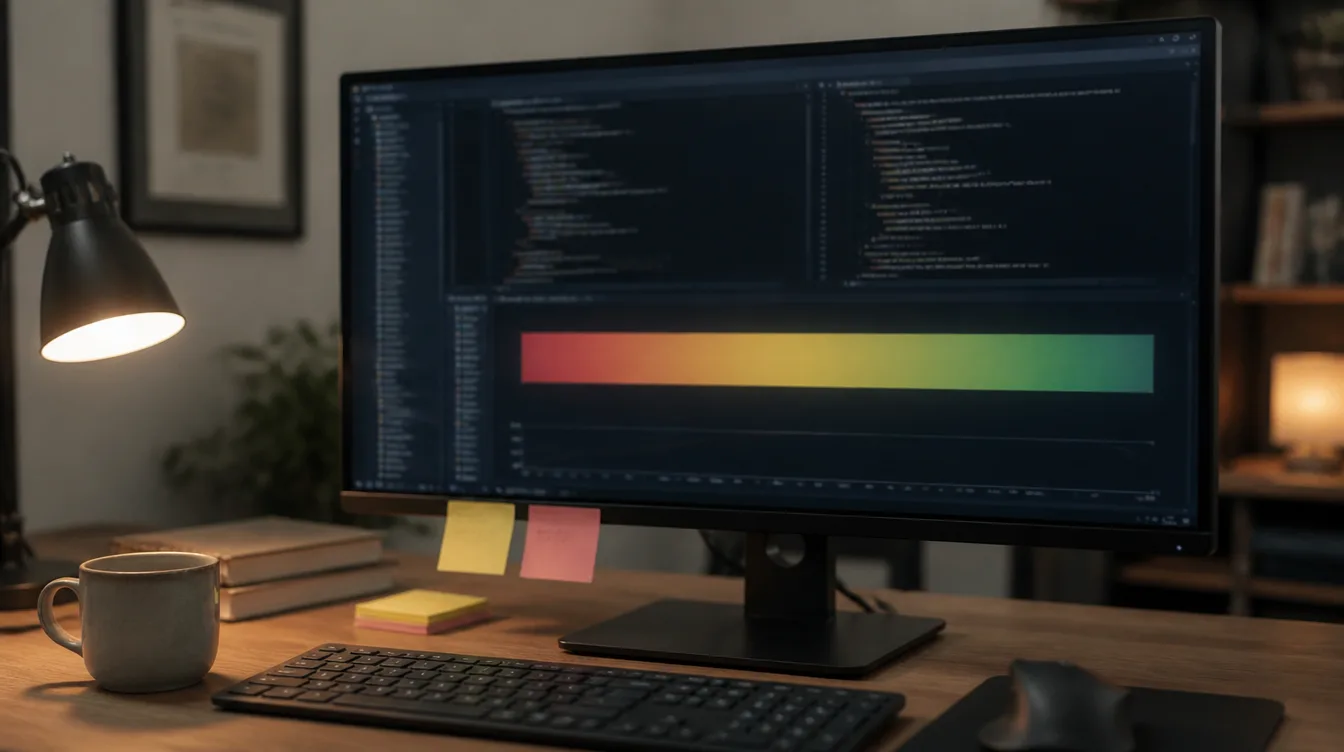 Monitor mit unscharfem Score-Balken statt Ampel, Sticky Notes daneben