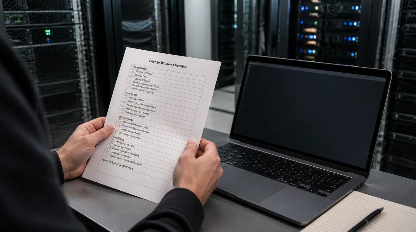 Hände mit Patch-Checkliste neben Laptop im ruhigen Serverraum