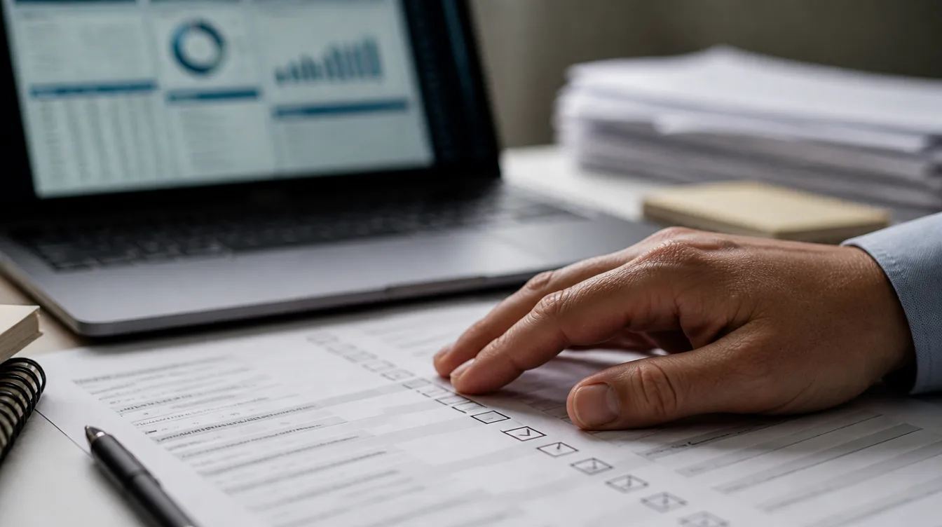 Hand auf gedruckter Checkliste neben Laptop mit unscharfen Panels