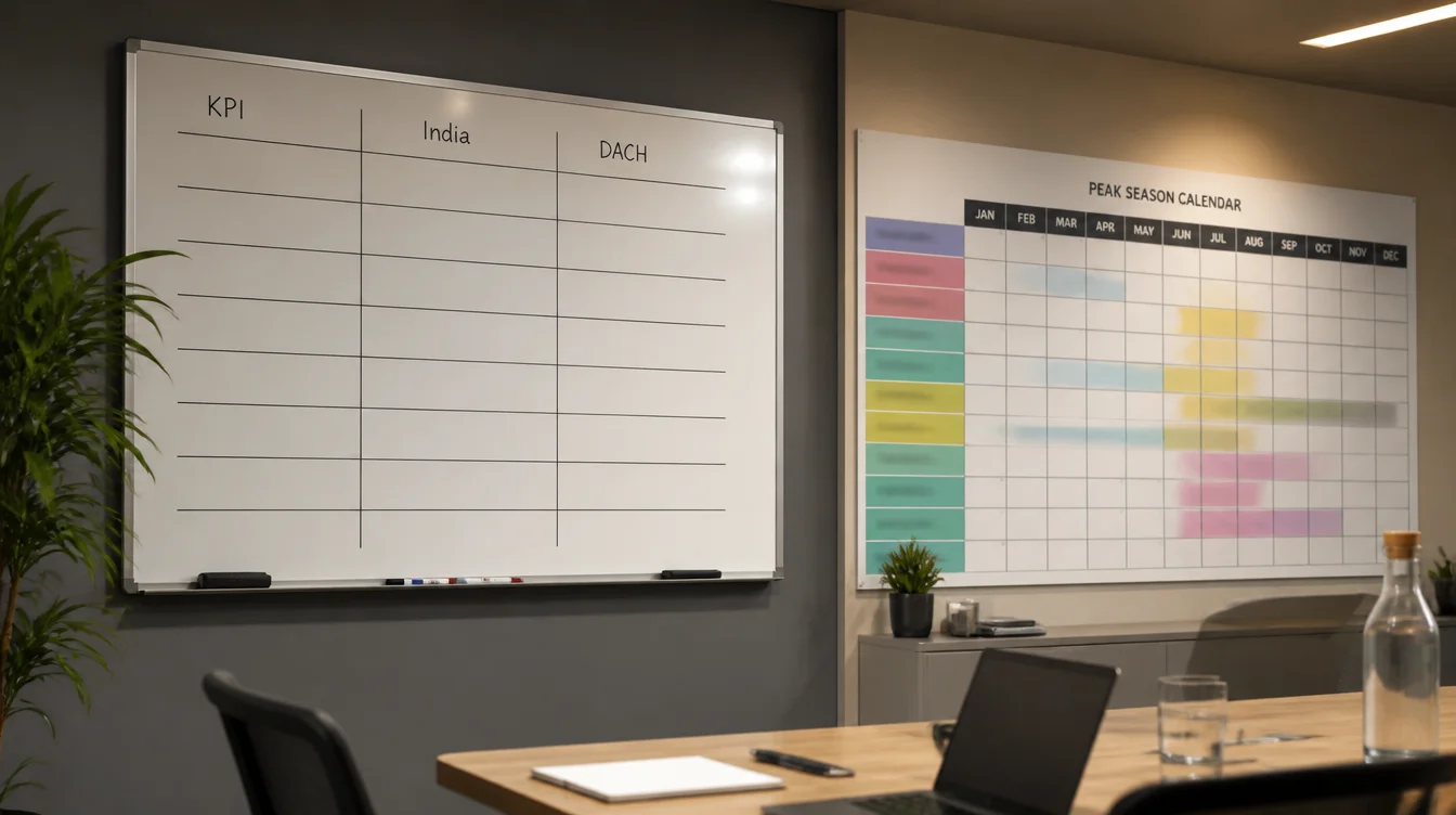 Whiteboard mit unscharfer KPI-Tabelle und Peak-Kalender
