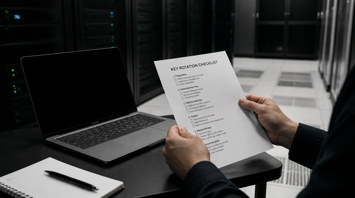 Hände mit Key-Rotations-Checkliste neben Laptop im Serverraum