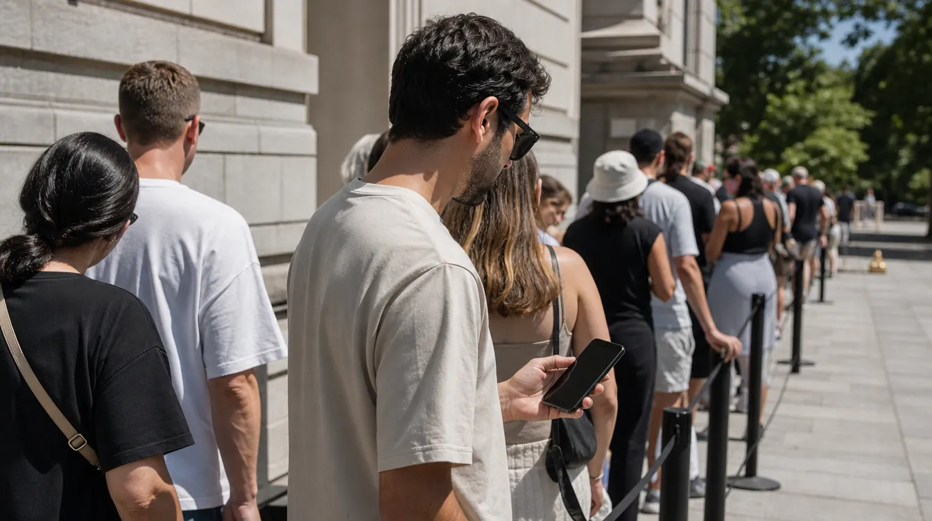 Google: Museumsschlange im Tageslicht, Smartphone mit dunklem Display